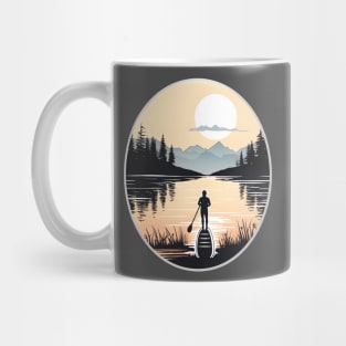 Solitary Paddleboarder in a Mountainous Sunset Scene Mug